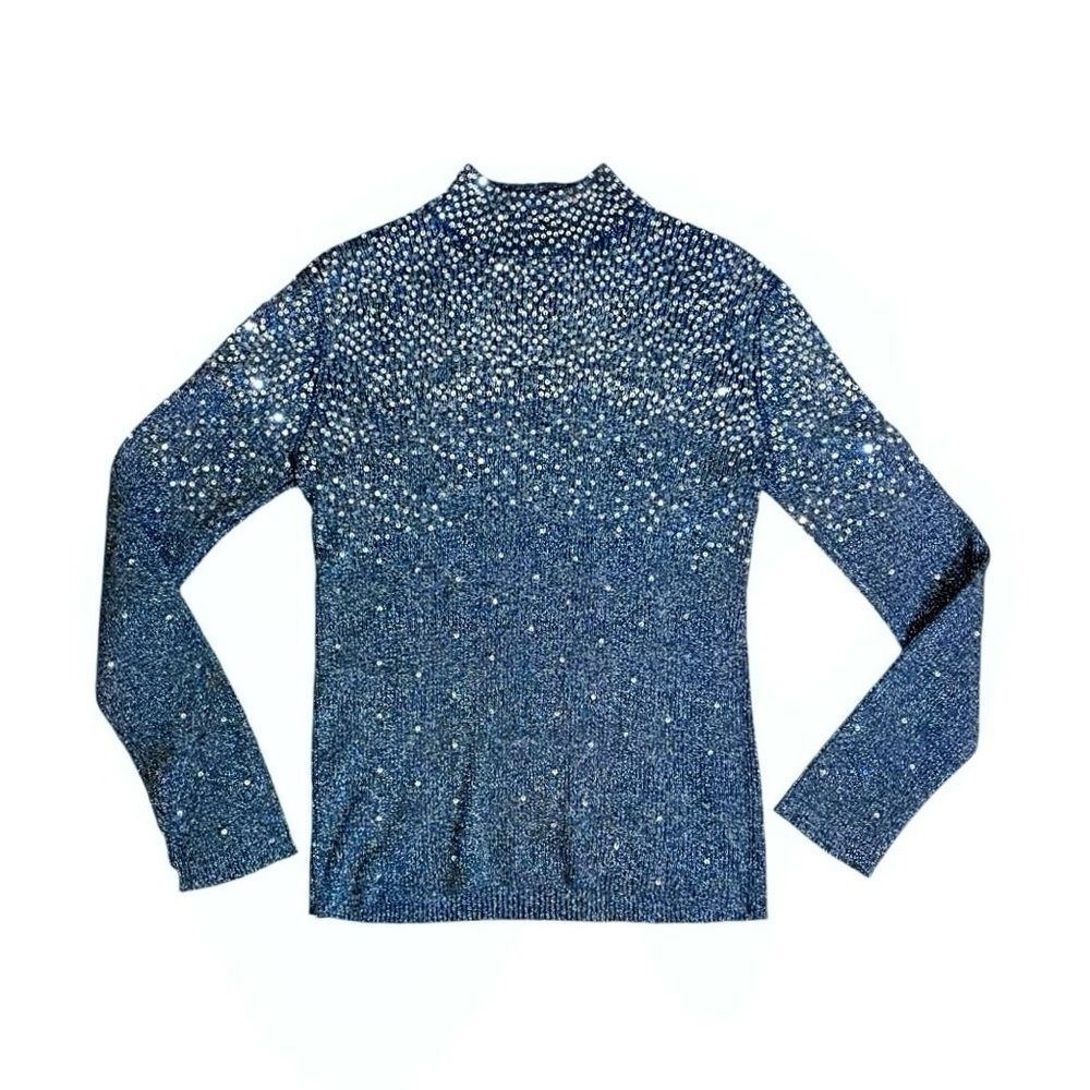 Vintage Womens Black/Metallic Silver Sequined Mock Neck Ribbed Knit Sweater